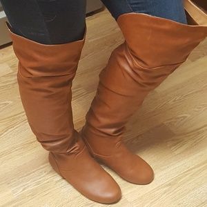 Over the knee slip on cognac boots